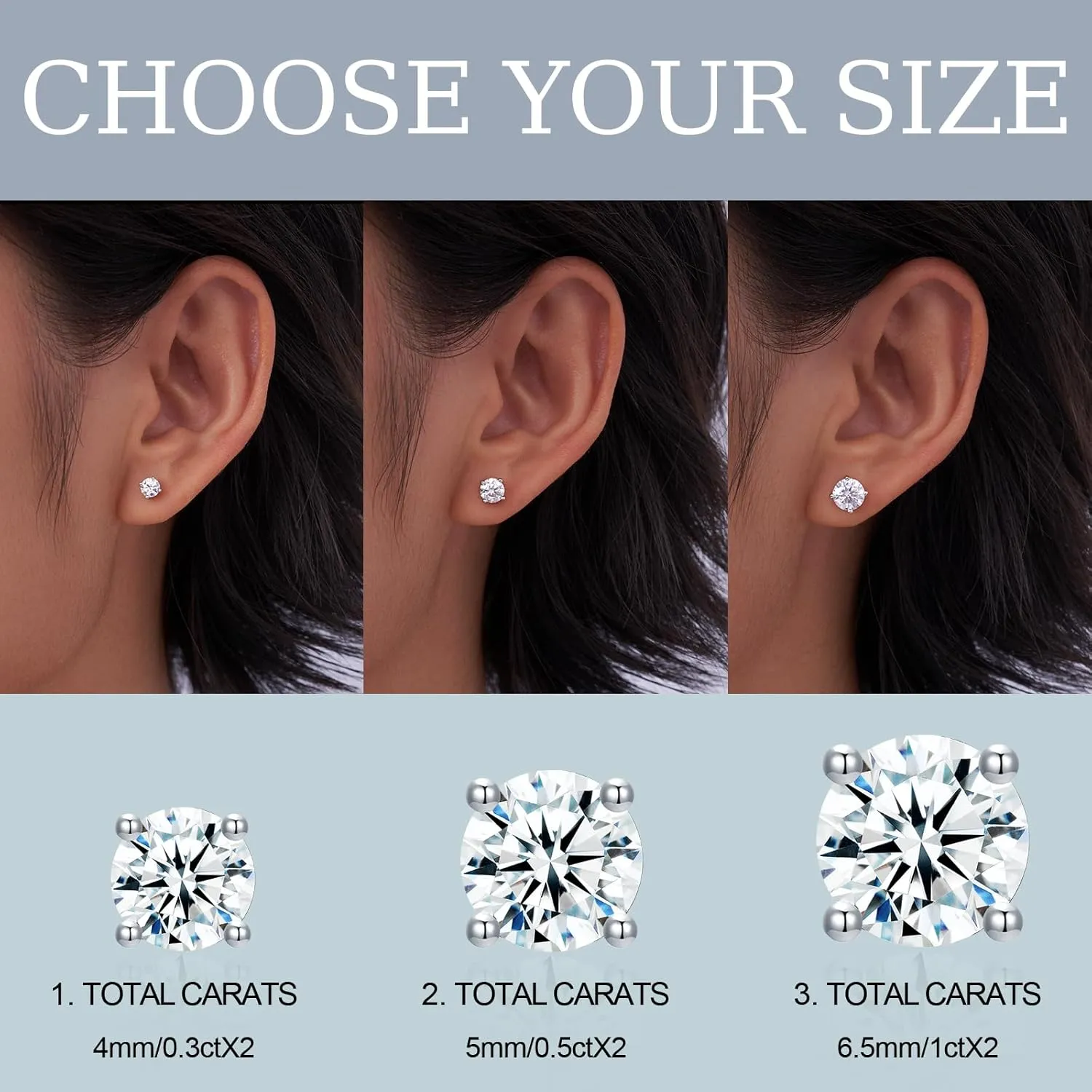 0.6ct/1ct/2ct Moissanite Stud Earrings for Women 925 Sterling Silver Hypoallergenic Flat Back 1 Pair D Color Lab Created Brilliant Round Moissanite Earrings Ideal Gift for Women Men