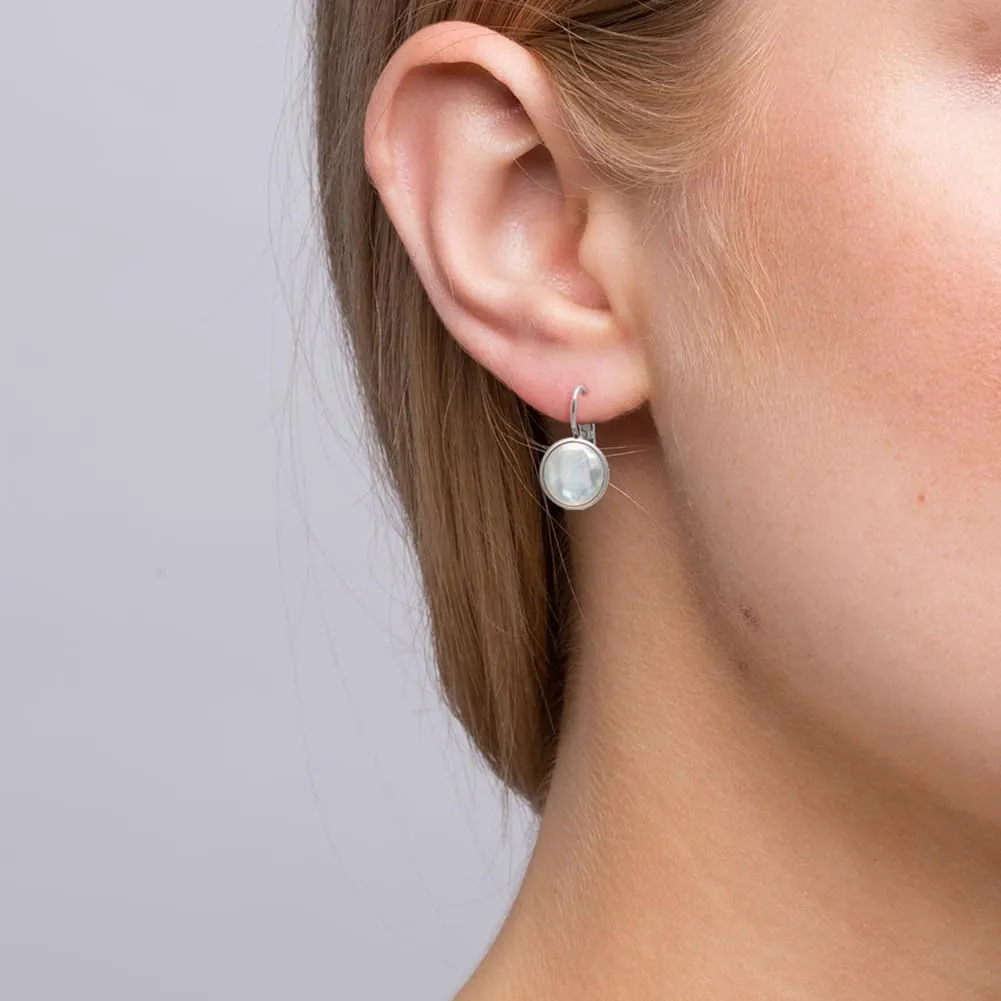 10 MM Round Shell Mother of Pearl Leverback Stud Earrings for Women, Iridescent White