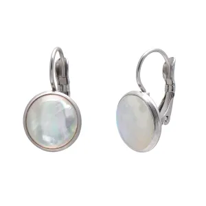 10 MM Round Shell Mother of Pearl Leverback Stud Earrings for Women, Iridescent White