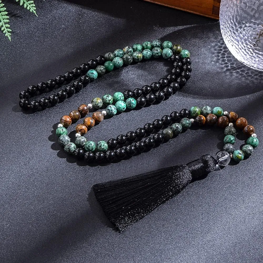 108 Mala Prayer Beads Necklace 8mm Natural Stones Meditation Yoga Jewelry Sets 108 Hand Made Japa Mala Beaded Long Tassel Necklace with Tassel Pendant for Men and Women