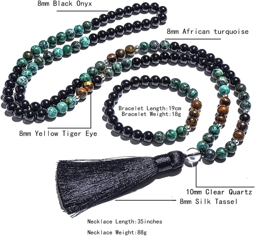 108 Mala Prayer Beads Necklace 8mm Natural Stones Meditation Yoga Jewelry Sets 108 Hand Made Japa Mala Beaded Long Tassel Necklace with Tassel Pendant for Men and Women