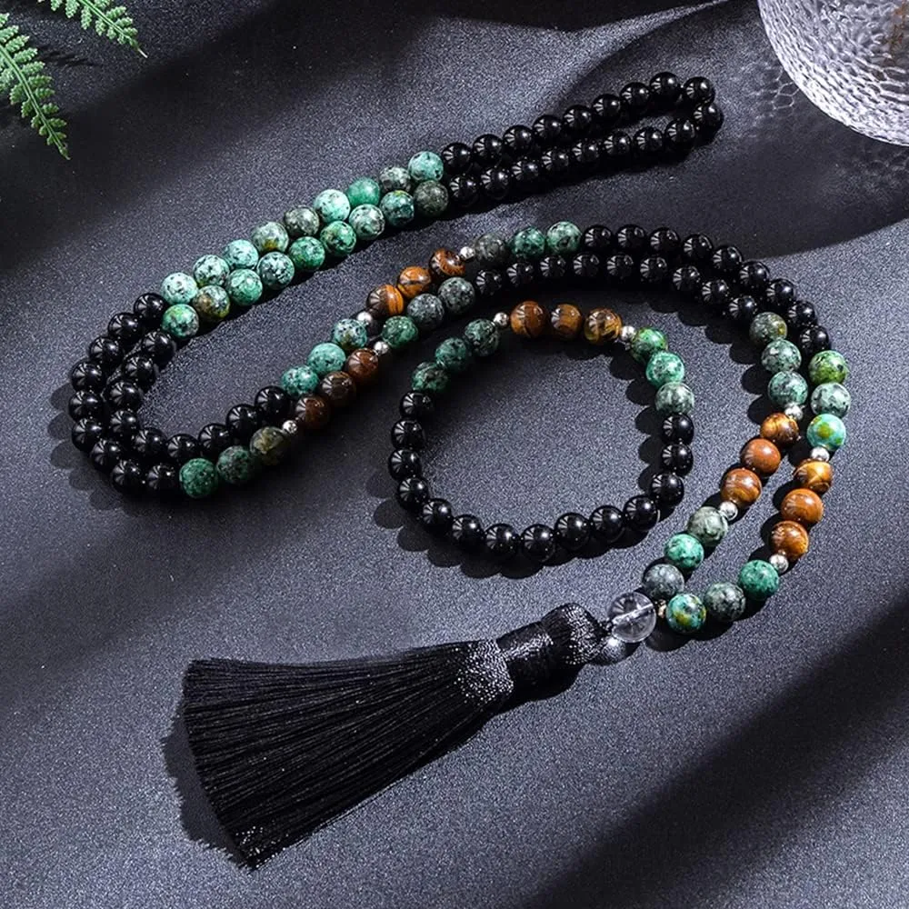 108 Mala Prayer Beads Necklace 8mm Natural Stones Meditation Yoga Jewelry Sets 108 Hand Made Japa Mala Beaded Long Tassel Necklace with Tassel Pendant for Men and Women