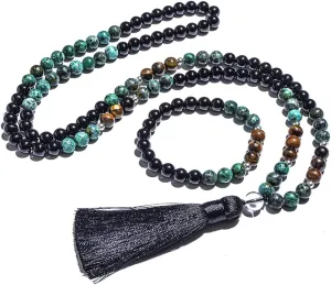 108 Mala Prayer Beads Necklace 8mm Natural Stones Meditation Yoga Jewelry Sets 108 Hand Made Japa Mala Beaded Long Tassel Necklace with Tassel Pendant for Men and Women