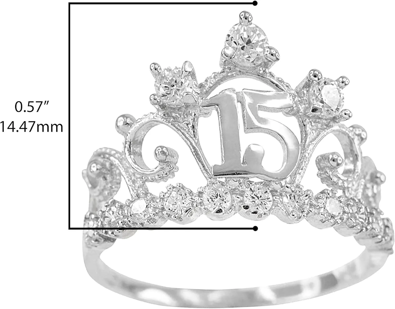 10K White Gold White Cubic Zirconia Studded Tiara Crown Sweet 15 Aos Milgrain Quinceanera Statement Ring