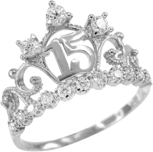 10K White Gold White Cubic Zirconia Studded Tiara Crown Sweet 15 Aos Milgrain Quinceanera Statement Ring