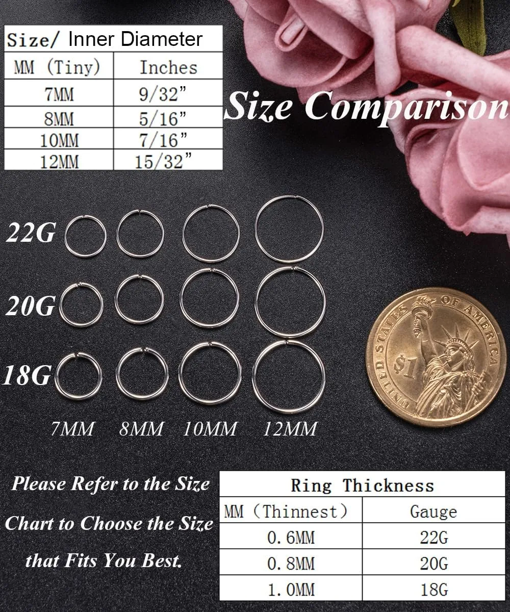 12Pcs 316L Surgical Steel Nose Rings Hoop Hypoallergenic Helix Cartilage Earring Lip Ring Body Piercing Jewelry 18G 20G 22G 7MM to 12MM Diameter