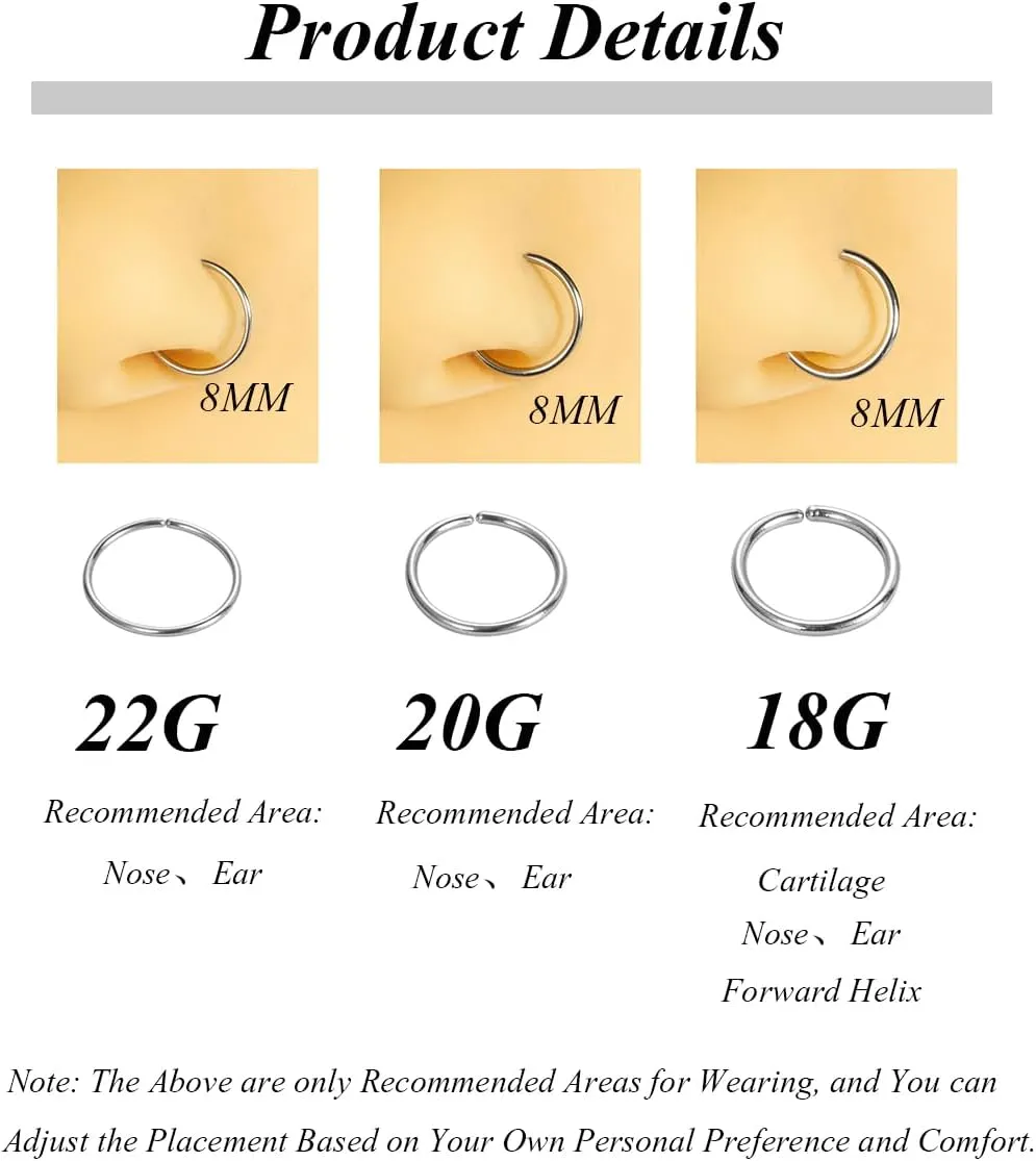 12Pcs 316L Surgical Steel Nose Rings Hoop Hypoallergenic Helix Cartilage Earring Lip Ring Body Piercing Jewelry 18G 20G 22G 7MM to 12MM Diameter