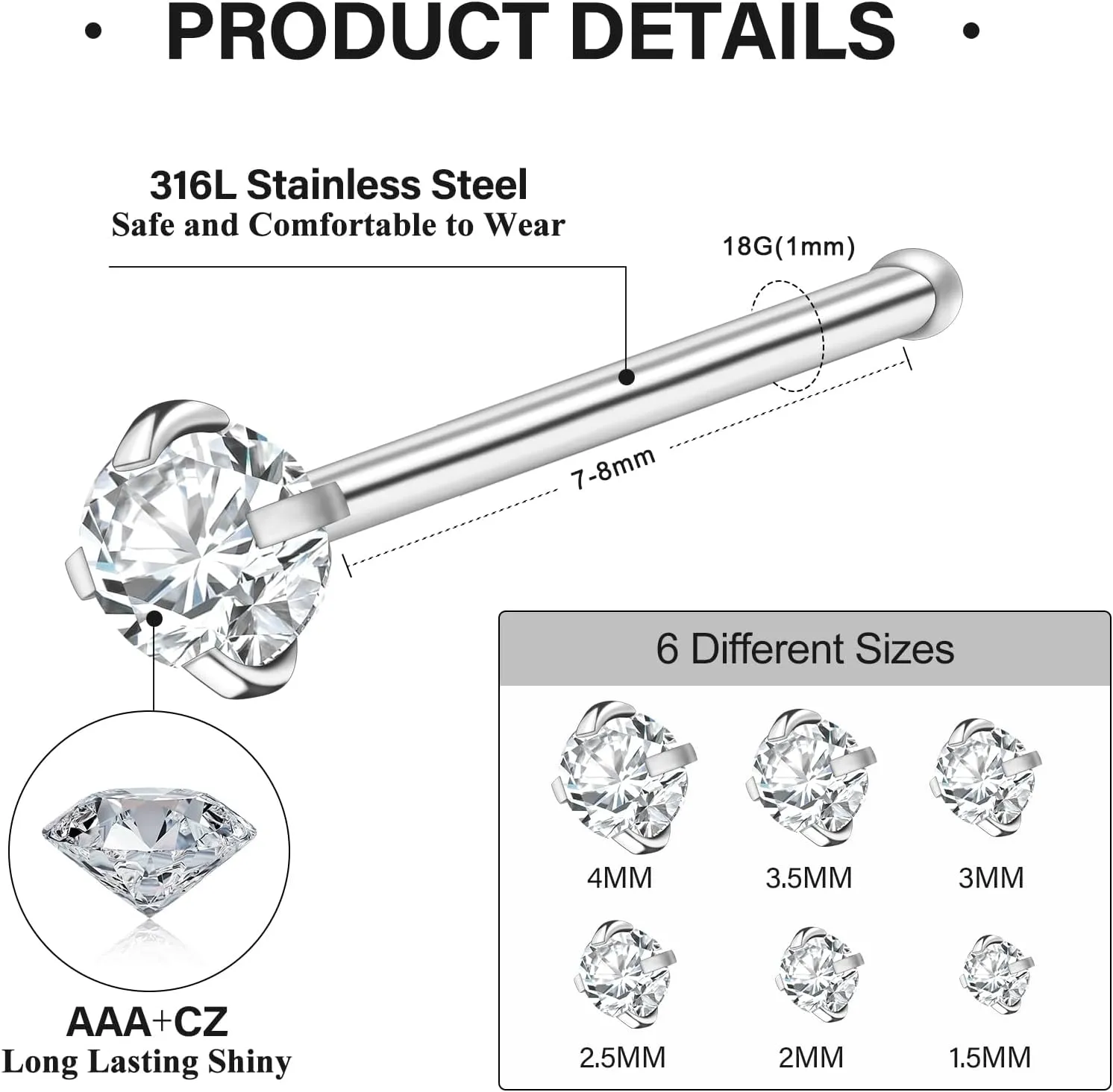 12Pcs Nose Rings Studs 18G 20G 22G Straight Nose Studs Surgical Stainless Steel Nose Rings for Women Hypoallergenic Nose Bone Studs Cubic Zirconia Lip Rings Nose Piercings Jewelry 1.5mm-4mm