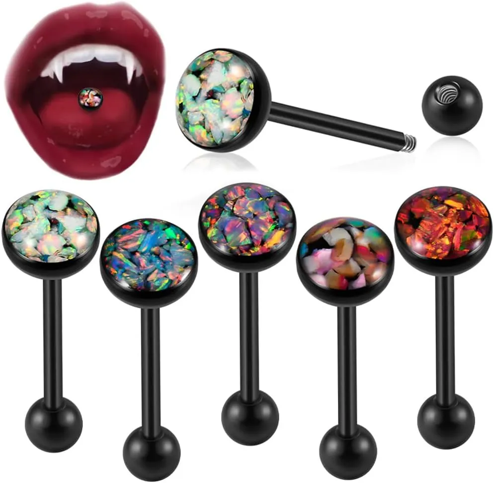 14G Opal Tongue Rings Stainless Steel Tongue Piercing Jewelry Internally Threaded Tongue Barbell Hypoallergenic Black Tongue Rings for Women Men