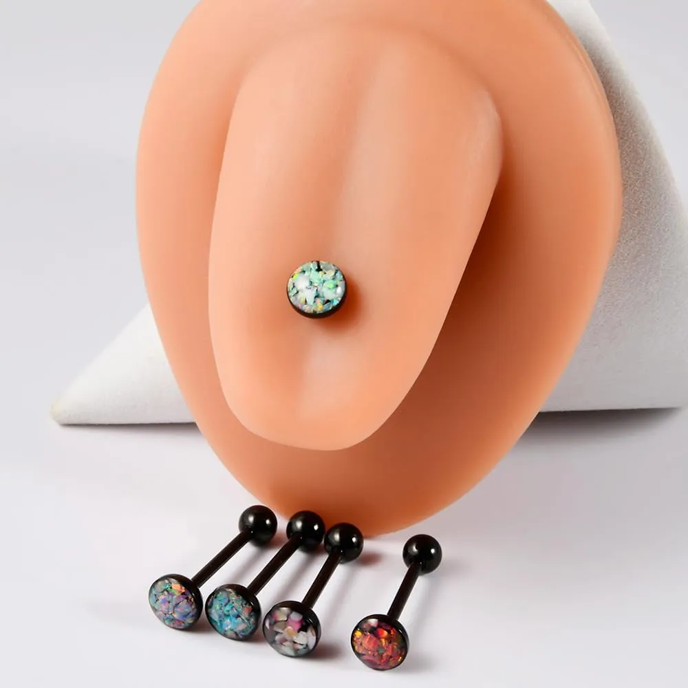 14G Opal Tongue Rings Stainless Steel Tongue Piercing Jewelry Internally Threaded Tongue Barbell Hypoallergenic Black Tongue Rings for Women Men