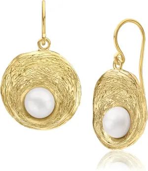 14K Gold Over Sterling Silver With Freshwater Pearl Statement Earrings Textured Finish, Gold Earrings, Unique Earrings, Gifts For Women, Aesthetic Jewelry, Earrings for Women, Gold Jewelry For Women