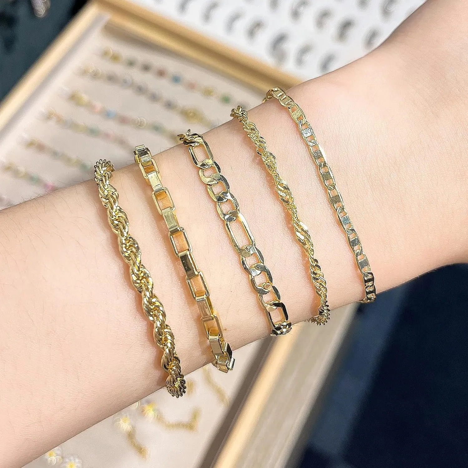 14K Gold Plated Chain Bracelets Set for Women Dainty Stackable Figaro Herringbone Paperclip Link Chain Bracelets Jewelry Pack Stack Gifts