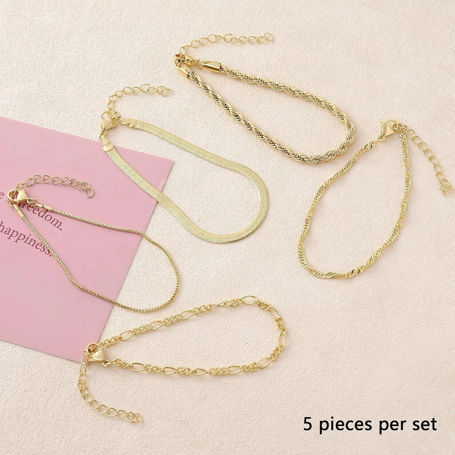 14K Gold Plated Chain Bracelets Set for Women Dainty Stackable Figaro Herringbone Paperclip Link Chain Bracelets Jewelry Pack Stack Gifts