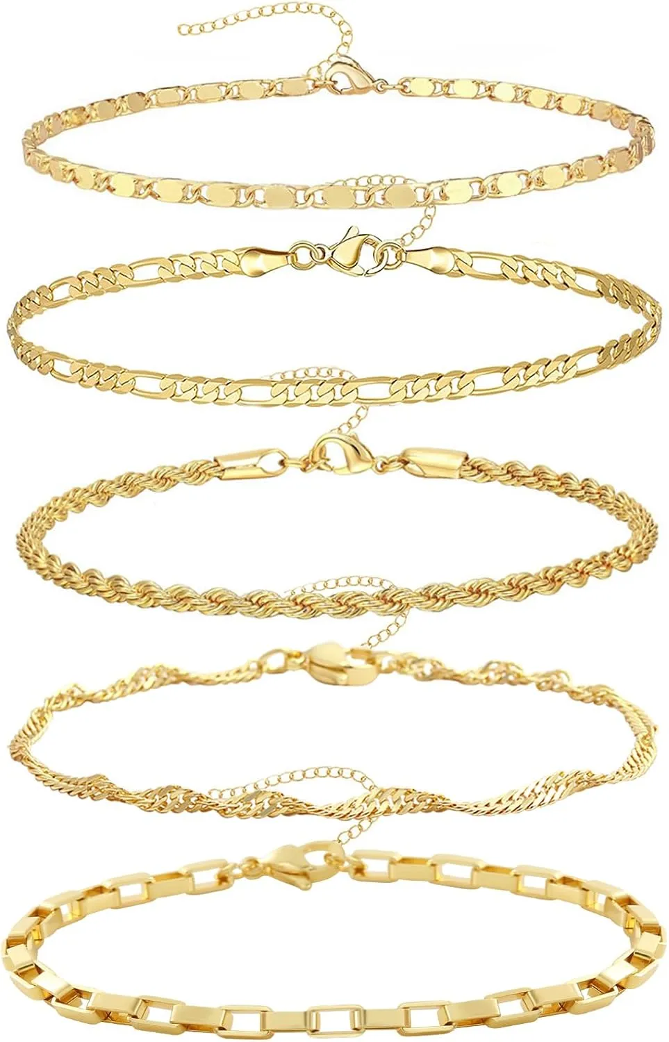 14K Gold Plated Chain Bracelets Set for Women Dainty Stackable Figaro Herringbone Paperclip Link Chain Bracelets Jewelry Pack Stack Gifts