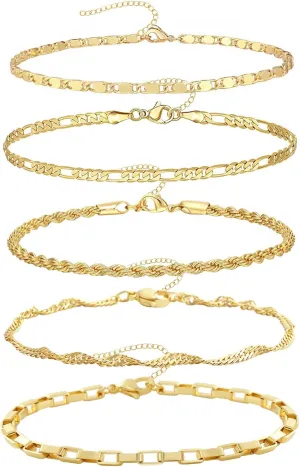 14K Gold Plated Chain Bracelets Set for Women Dainty Stackable Figaro Herringbone Paperclip Link Chain Bracelets Jewelry Pack Stack Gifts