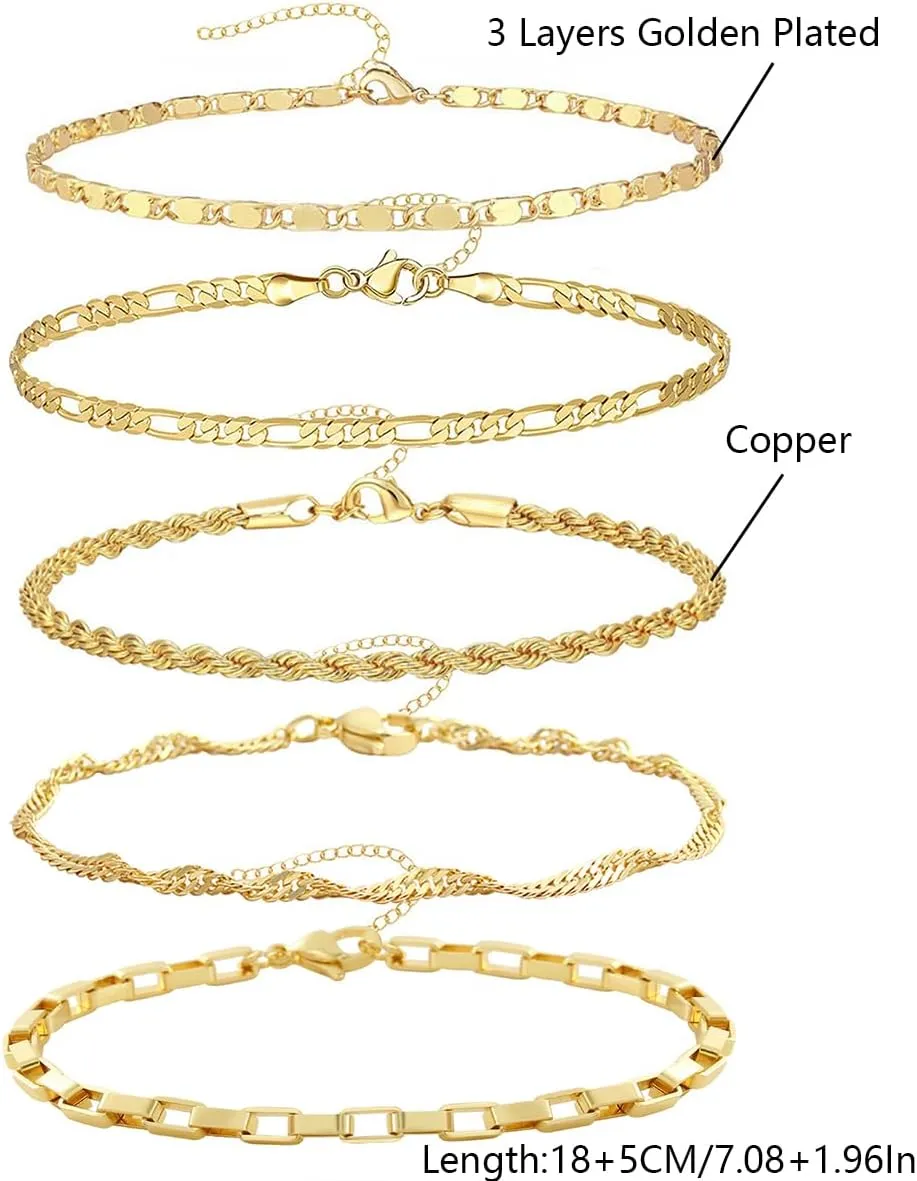 14K Gold Plated Chain Bracelets Set for Women Dainty Stackable Figaro Herringbone Paperclip Link Chain Bracelets Jewelry Pack Stack Gifts