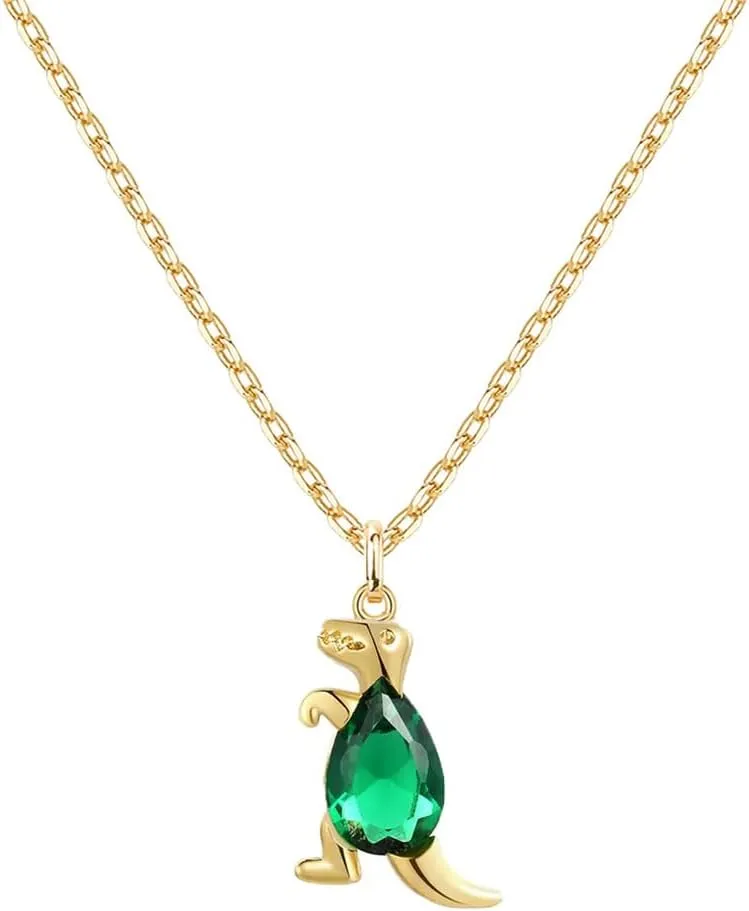 14K Gold Plated Cubic Zirconia Dinosaur Necklace for Women, Animal Gold Pendant Necklace Dainty Crystal Layered Necklace Chain Birthday Gift Jewelry
