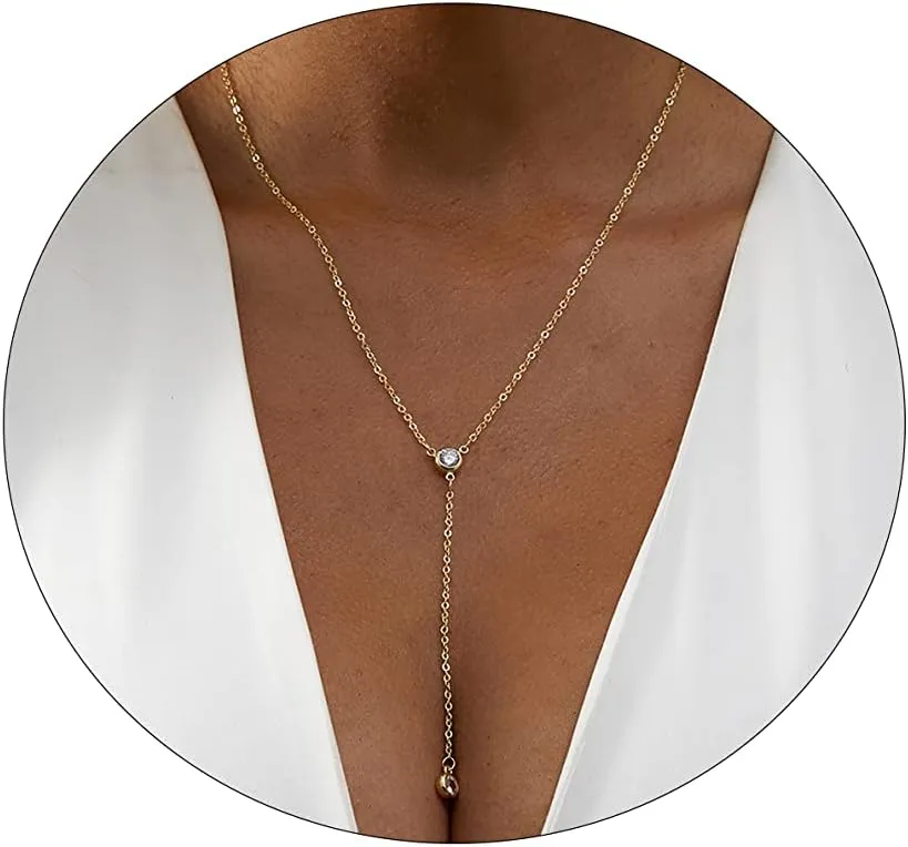 14K Gold Plated Lariat Necklace Dainty Long Gold Necklaces for Women Drop Y Necklace Cubic Zirconia Necklace Lip Chain Bar Bead Necklace Cute Jewelry