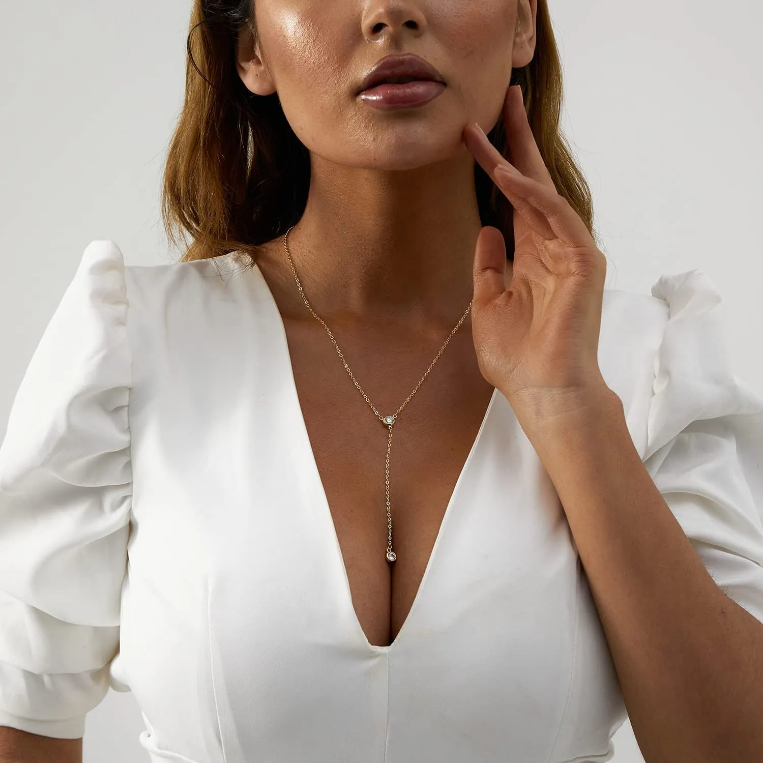 14K Gold Plated Lariat Necklace Dainty Long Gold Necklaces for Women Drop Y Necklace Cubic Zirconia Necklace Lip Chain Bar Bead Necklace Cute Jewelry