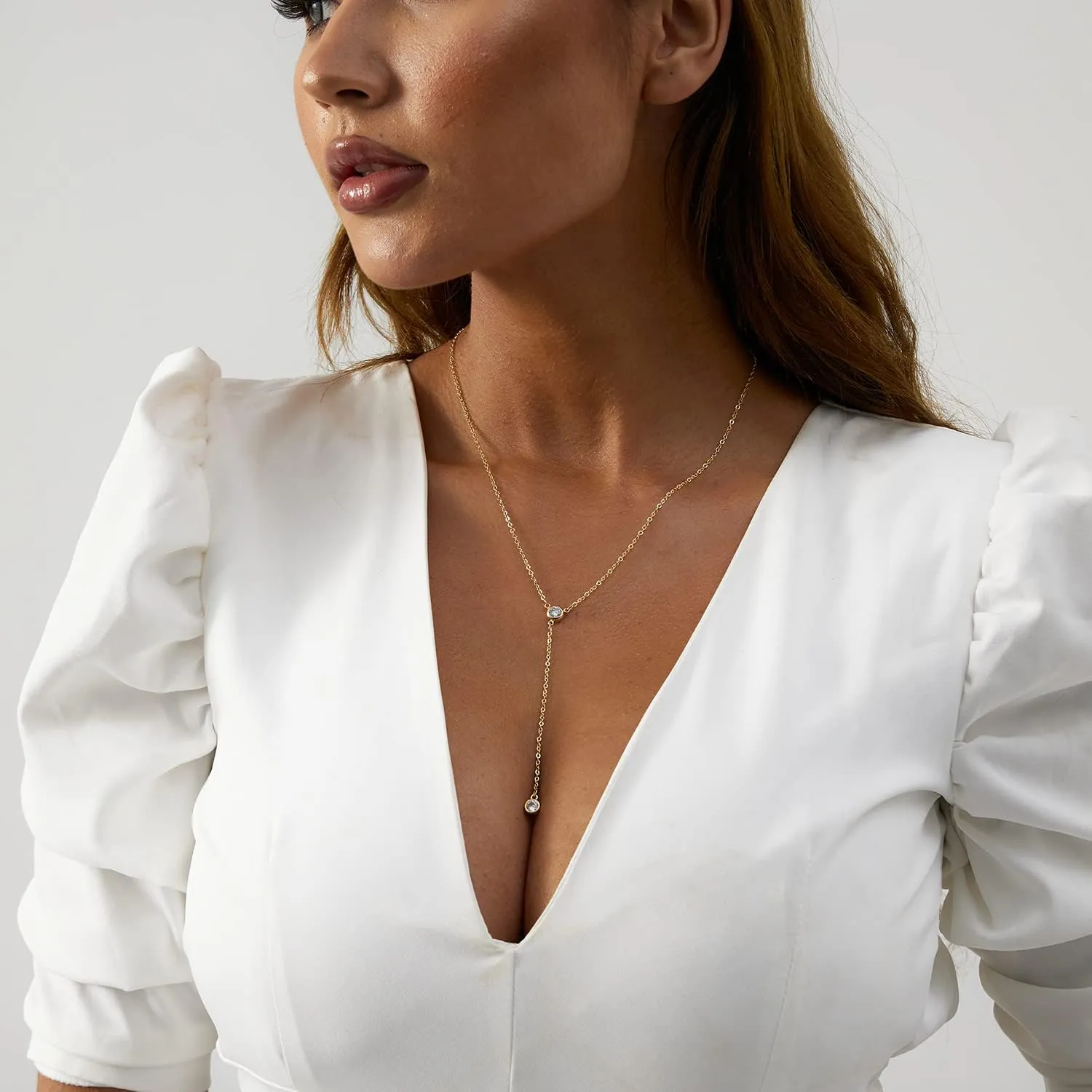 14K Gold Plated Lariat Necklace Dainty Long Gold Necklaces for Women Drop Y Necklace Cubic Zirconia Necklace Lip Chain Bar Bead Necklace Cute Jewelry