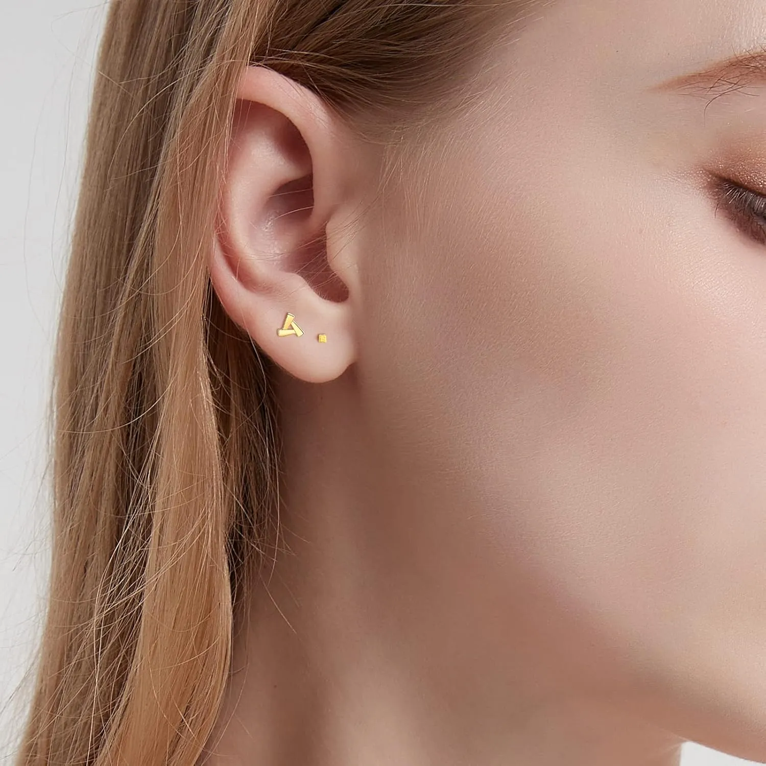 14K Gold Stud Earrings for Women Hypoallergenic Small Geometric Tiny Trendy Earring Stud -Triangle Square Bar