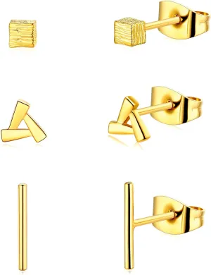 14K Gold Stud Earrings for Women Hypoallergenic Small Geometric Tiny Trendy Earring Stud -Triangle Square Bar