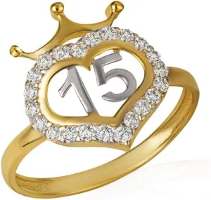 14K Two-Tone White and Yellow Gold 2mm CZ-Accented Tiara Crown Heart Sweet 15 Fifteen Quinceanera Statement Ring, Available in Sizes 4-12