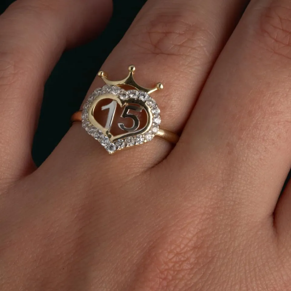 14K Two-Tone White and Yellow Gold 2mm CZ-Accented Tiara Crown Heart Sweet 15 Fifteen Quinceanera Statement Ring, Available in Sizes 4-12