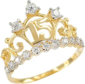 14K Yellow Gold White Cubic Zirconia Tiara Crown Sweet 15 Aos Milgrain Quinceanera Statement Ring - Size 5-1/2