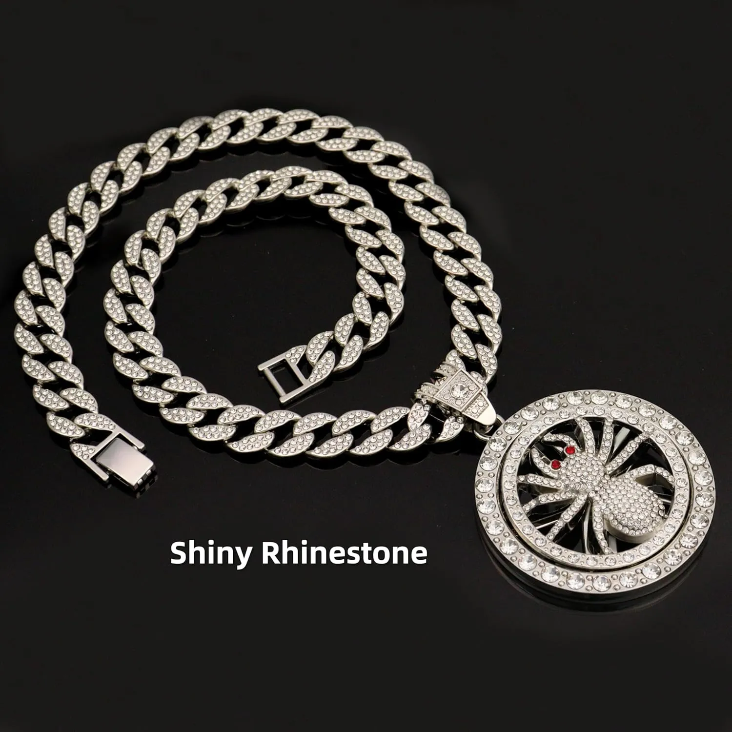 18K Gold Silver Plated Diamond Cuban Link Chain Necklace with Round Spinner Rotatable Spider Cross Windmill Pendant, Men Hip Hop Shiny Rhinestone Pendant Necklace Jewelry