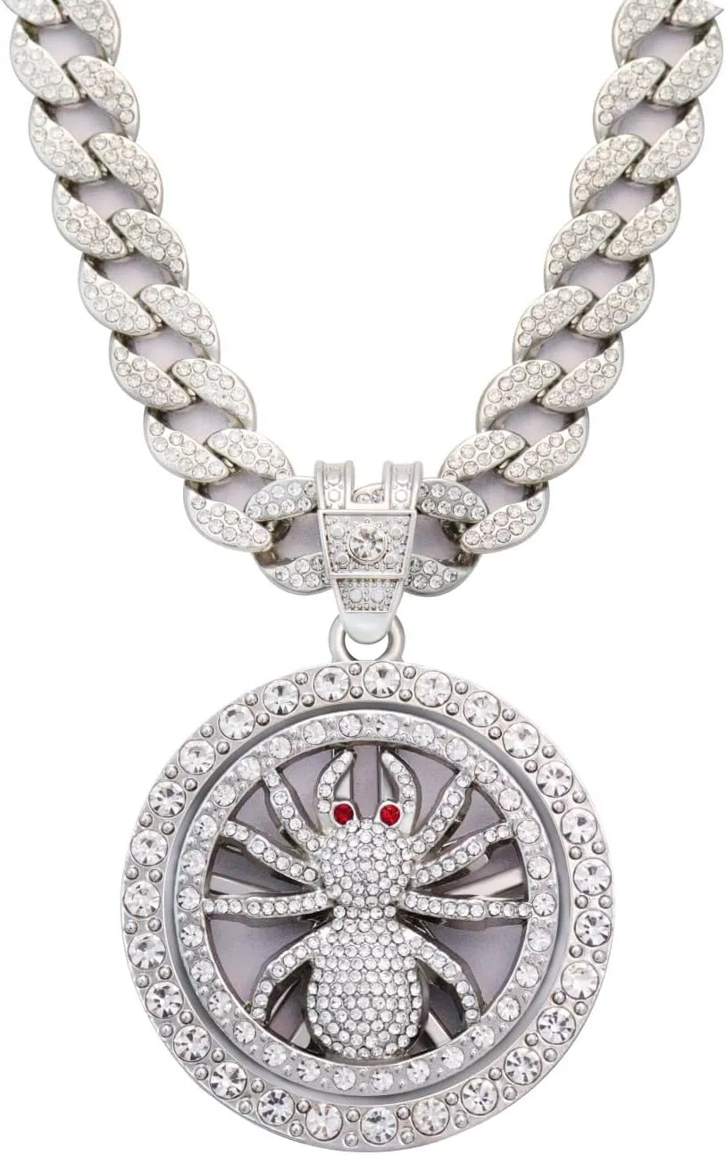 18K Gold Silver Plated Diamond Cuban Link Chain Necklace with Round Spinner Rotatable Spider Cross Windmill Pendant, Men Hip Hop Shiny Rhinestone Pendant Necklace Jewelry