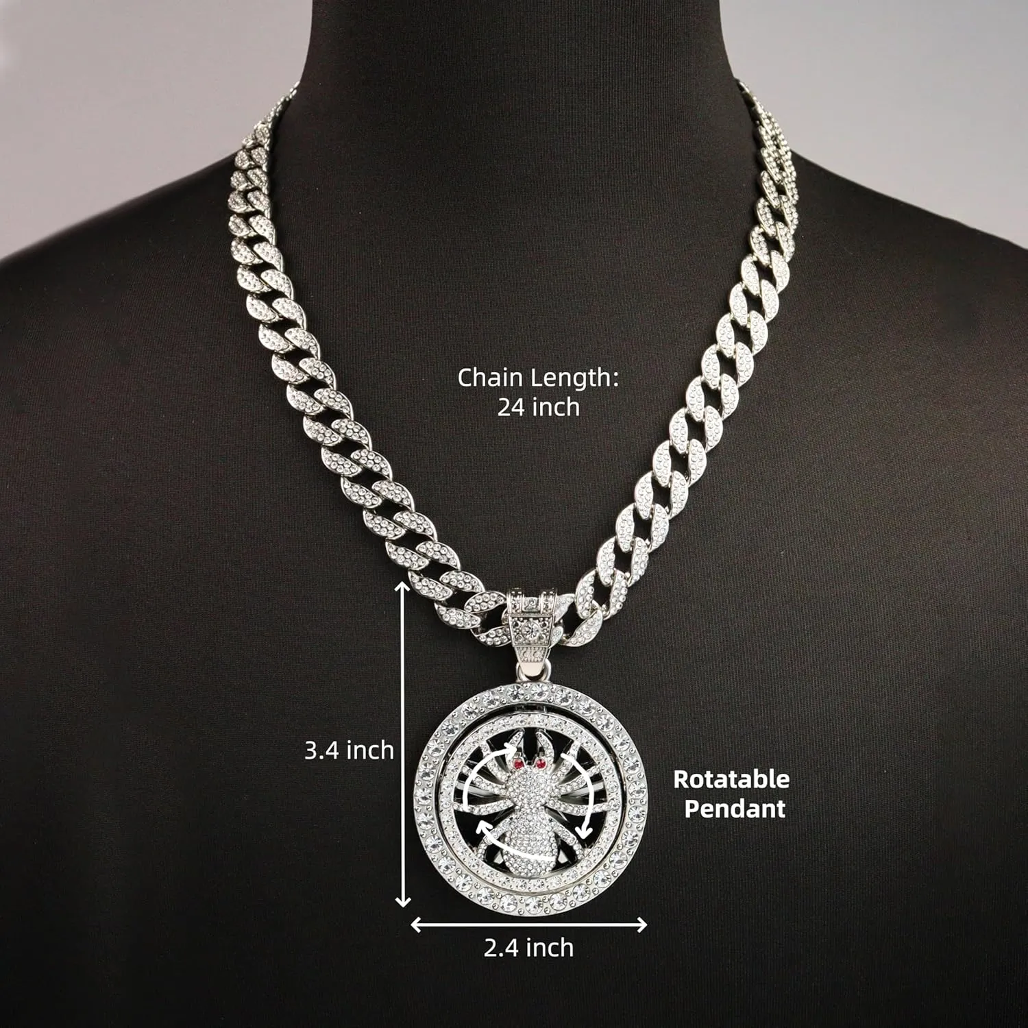 18K Gold Silver Plated Diamond Cuban Link Chain Necklace with Round Spinner Rotatable Spider Cross Windmill Pendant, Men Hip Hop Shiny Rhinestone Pendant Necklace Jewelry