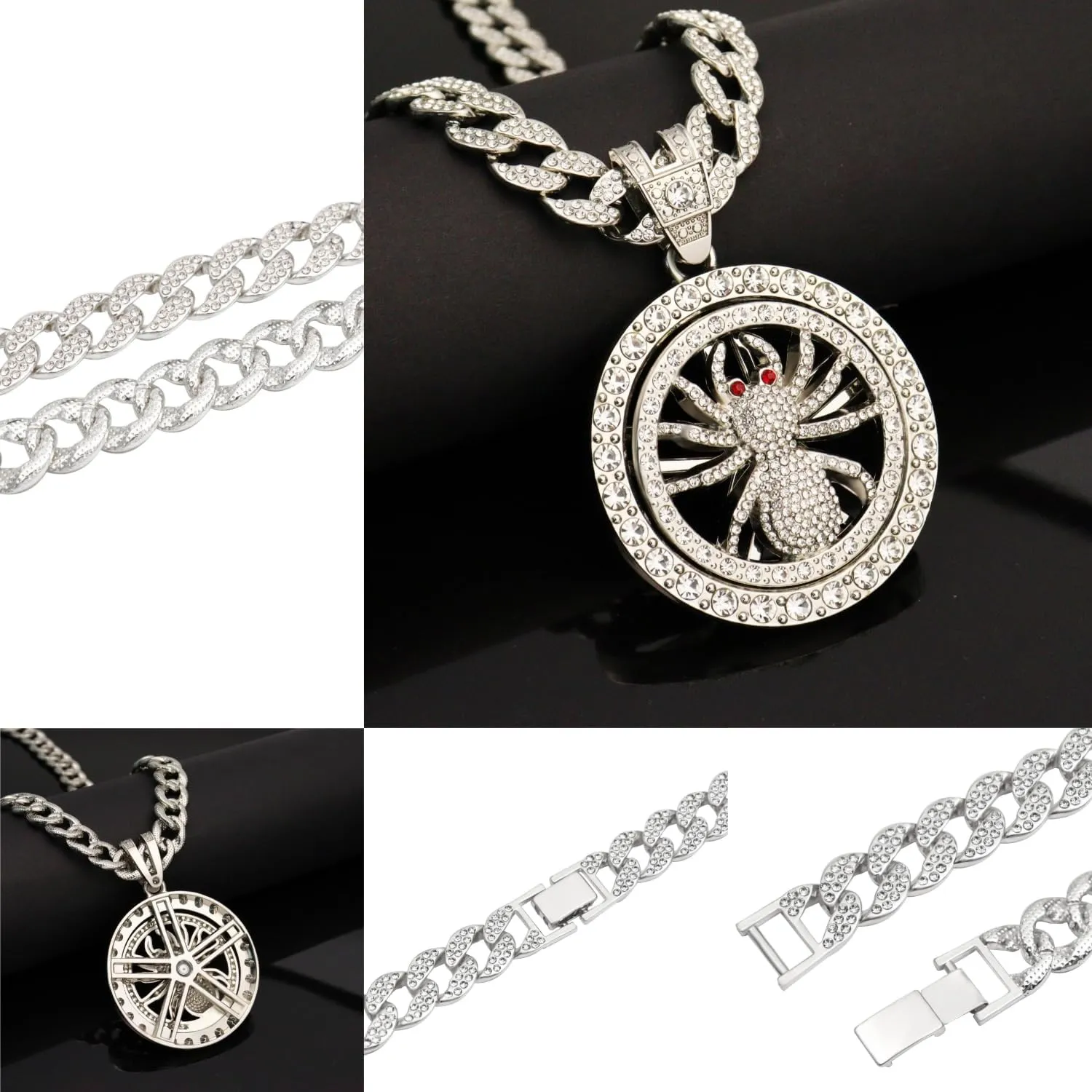 18K Gold Silver Plated Diamond Cuban Link Chain Necklace with Round Spinner Rotatable Spider Cross Windmill Pendant, Men Hip Hop Shiny Rhinestone Pendant Necklace Jewelry