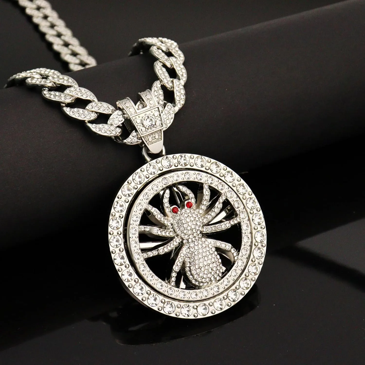 18K Gold Silver Plated Diamond Cuban Link Chain Necklace with Round Spinner Rotatable Spider Cross Windmill Pendant, Men Hip Hop Shiny Rhinestone Pendant Necklace Jewelry