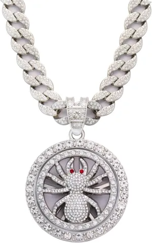 18K Gold Silver Plated Diamond Cuban Link Chain Necklace with Round Spinner Rotatable Spider Cross Windmill Pendant, Men Hip Hop Shiny Rhinestone Pendant Necklace Jewelry