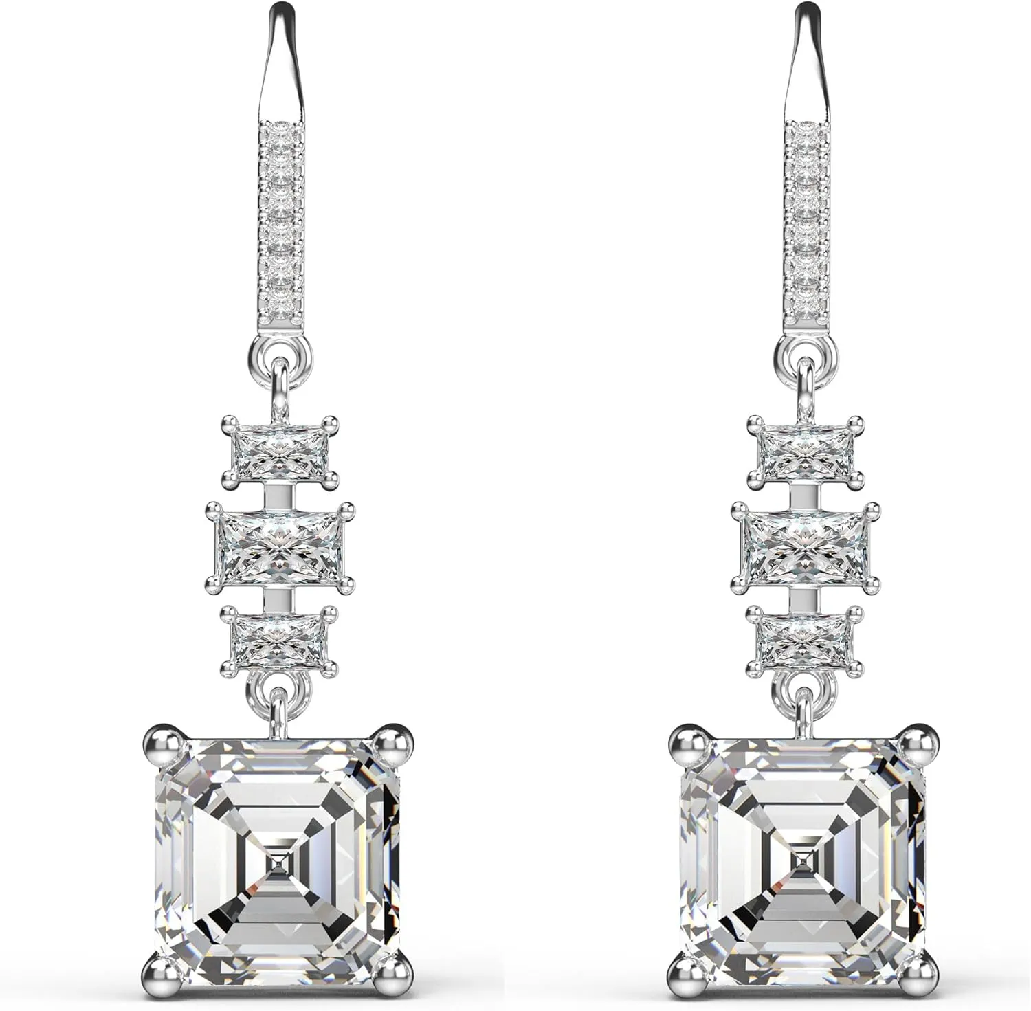 18K White Gold Plated Sterling Silver Asscher Cut Cubic Zirconia Dangle Earrings for Women Square CZ Diamond Drop Dangling Earrings for Women Mom