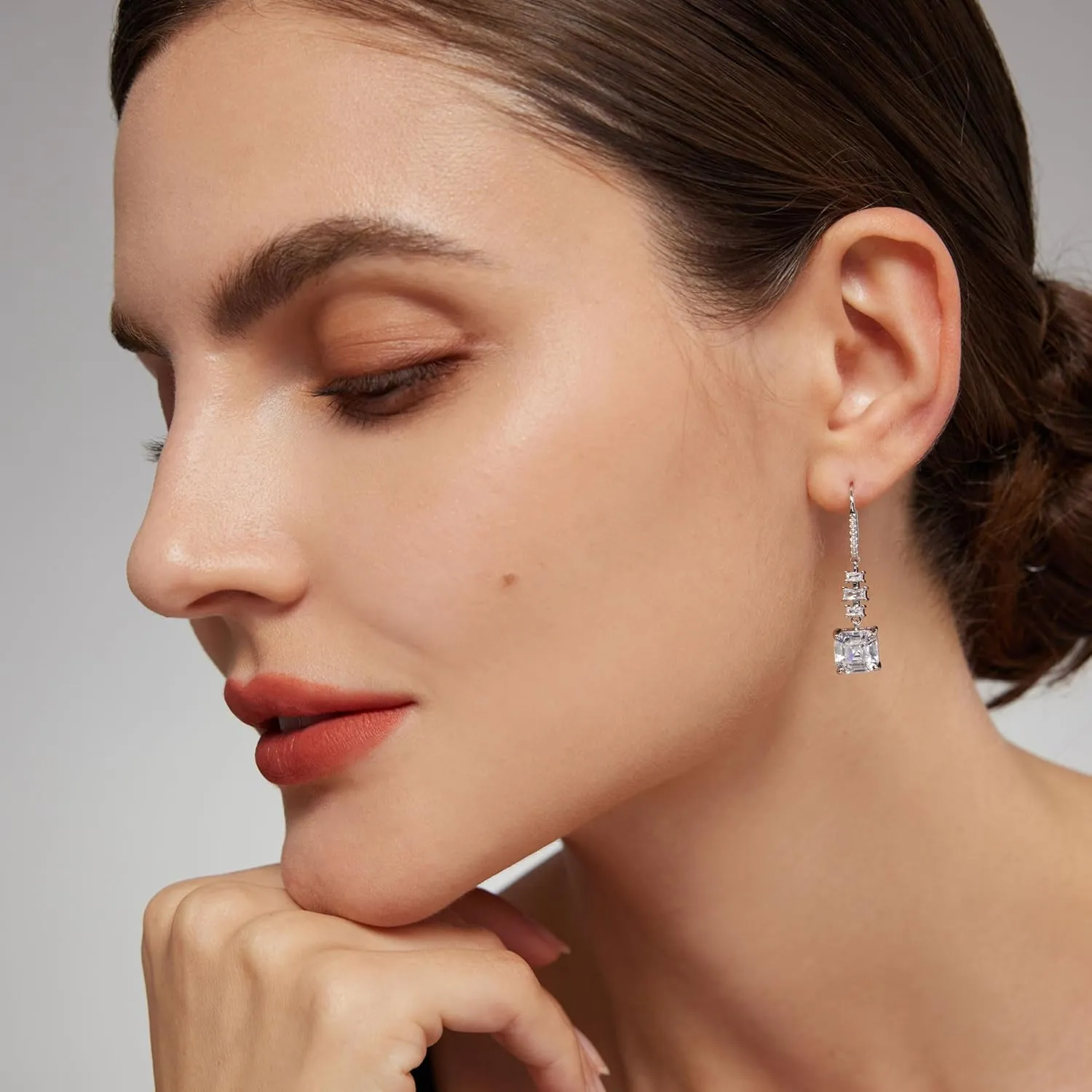 18K White Gold Plated Sterling Silver Asscher Cut Cubic Zirconia Dangle Earrings for Women Square CZ Diamond Drop Dangling Earrings for Women Mom