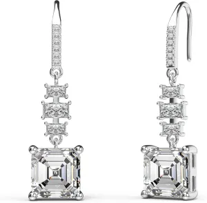 18K White Gold Plated Sterling Silver Asscher Cut Cubic Zirconia Dangle Earrings for Women Square CZ Diamond Drop Dangling Earrings for Women Mom