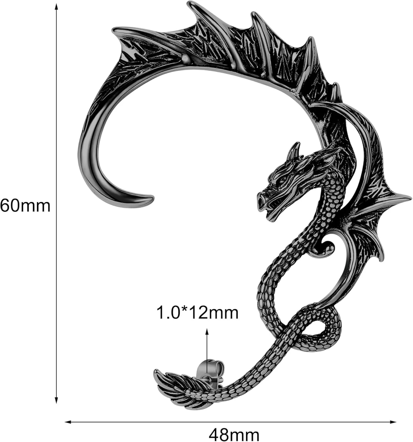 1PCS Gothic Dragon Ear Cuff Stainless Steel Retro Dragon Earrings Punk Snake Dragon Fish Crocodile Cuff Wrap Earrings Cartilage Climber Ear Earrings Stud for Women Men, Gold/Silver/Black