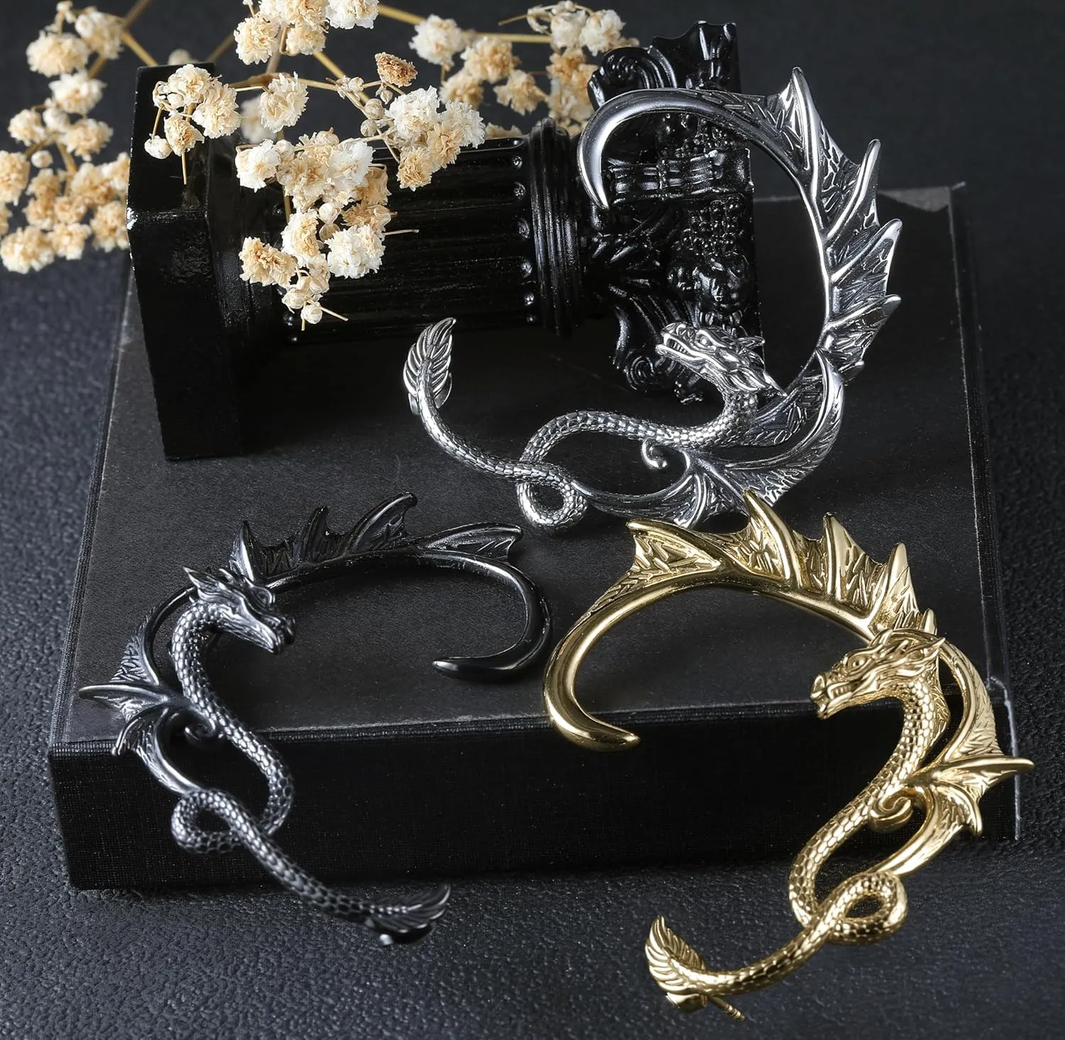 1PCS Gothic Dragon Ear Cuff Stainless Steel Retro Dragon Earrings Punk Snake Dragon Fish Crocodile Cuff Wrap Earrings Cartilage Climber Ear Earrings Stud for Women Men, Gold/Silver/Black