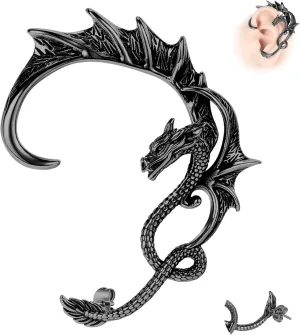 1PCS Gothic Dragon Ear Cuff Stainless Steel Retro Dragon Earrings Punk Snake Dragon Fish Crocodile Cuff Wrap Earrings Cartilage Climber Ear Earrings Stud for Women Men, Gold/Silver/Black