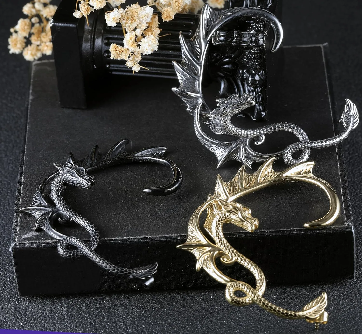 1PCS Gothic Dragon Ear Cuff Stainless Steel Retro Dragon Earrings Punk Snake Dragon Fish Crocodile Cuff Wrap Earrings Cartilage Climber Ear Earrings Stud for Women Men, Gold/Silver/Black