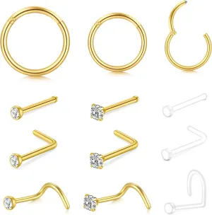 20G Nose Rings Hoops Studs, Stainless Steel Round CZ L Shaped Nose Screw Straight Studs, Hypoallergenic Diamond Double Nose Hoops, Clear Nose Rings For Women Men Nostril Piercing Jewelry