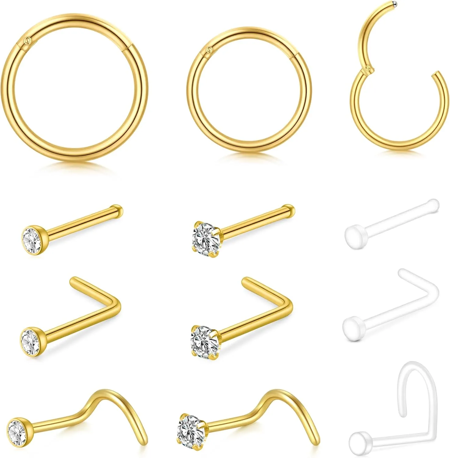 20G Nose Rings Hoops Studs, Stainless Steel Round CZ L Shaped Nose Screw Straight Studs, Hypoallergenic Diamond Double Nose Hoops, Clear Nose Rings For Women Men Nostril Piercing Jewelry