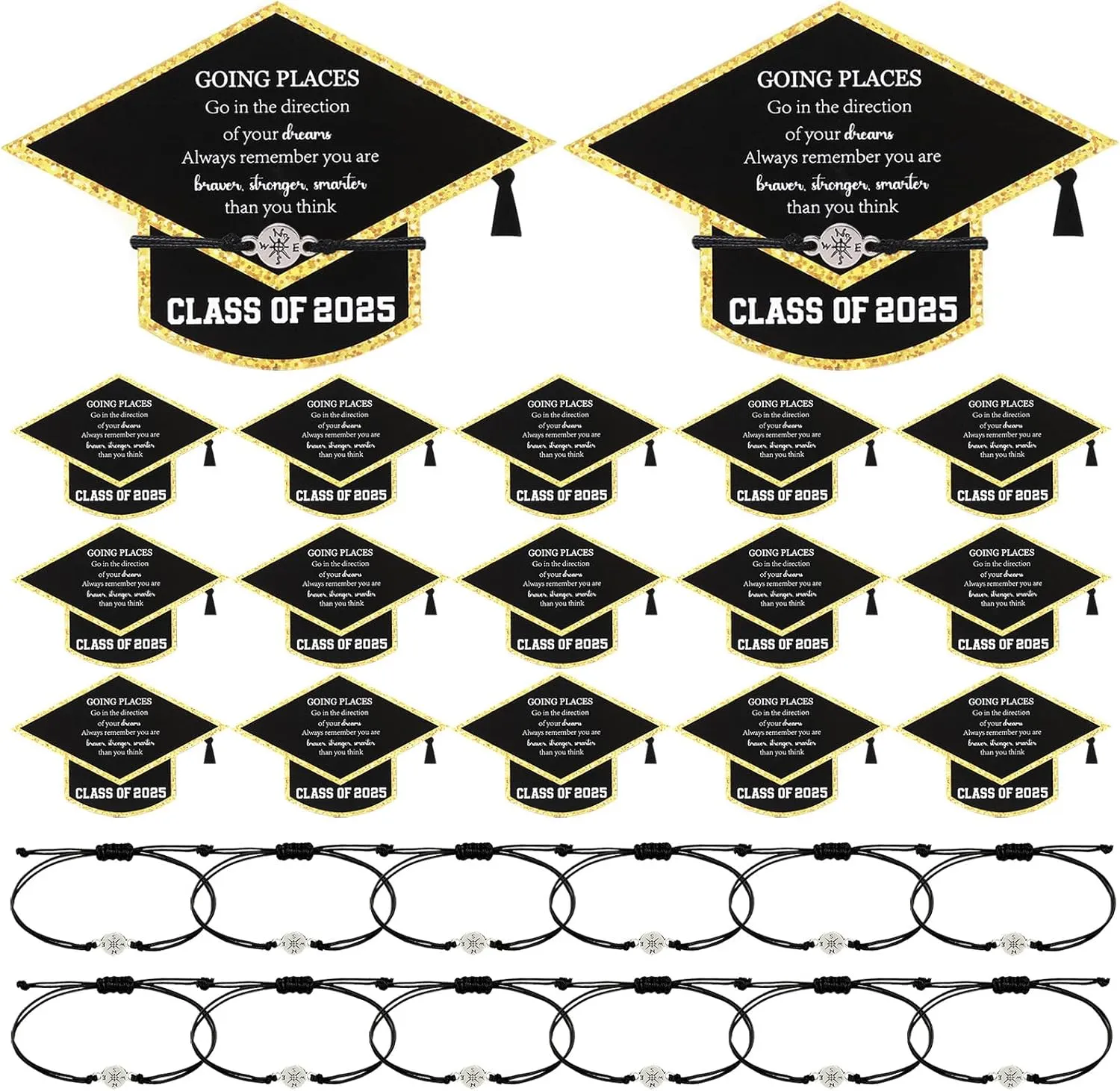 24 Sets Graduation Bracelets Class of 2025 Gift Cards Adjustable Compass Bracelets College High School Graduation Gifts for Classmates
