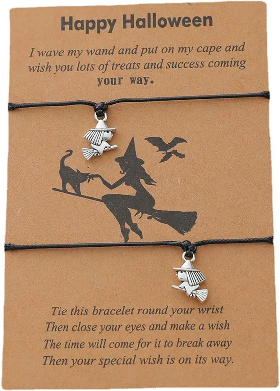 2Pcs Halloween Card Bracelets Set Best Witches Charm Colorful String Witches Bracelets Funny Cat Bracelet Halloween Friendship Jewelry for Women Men