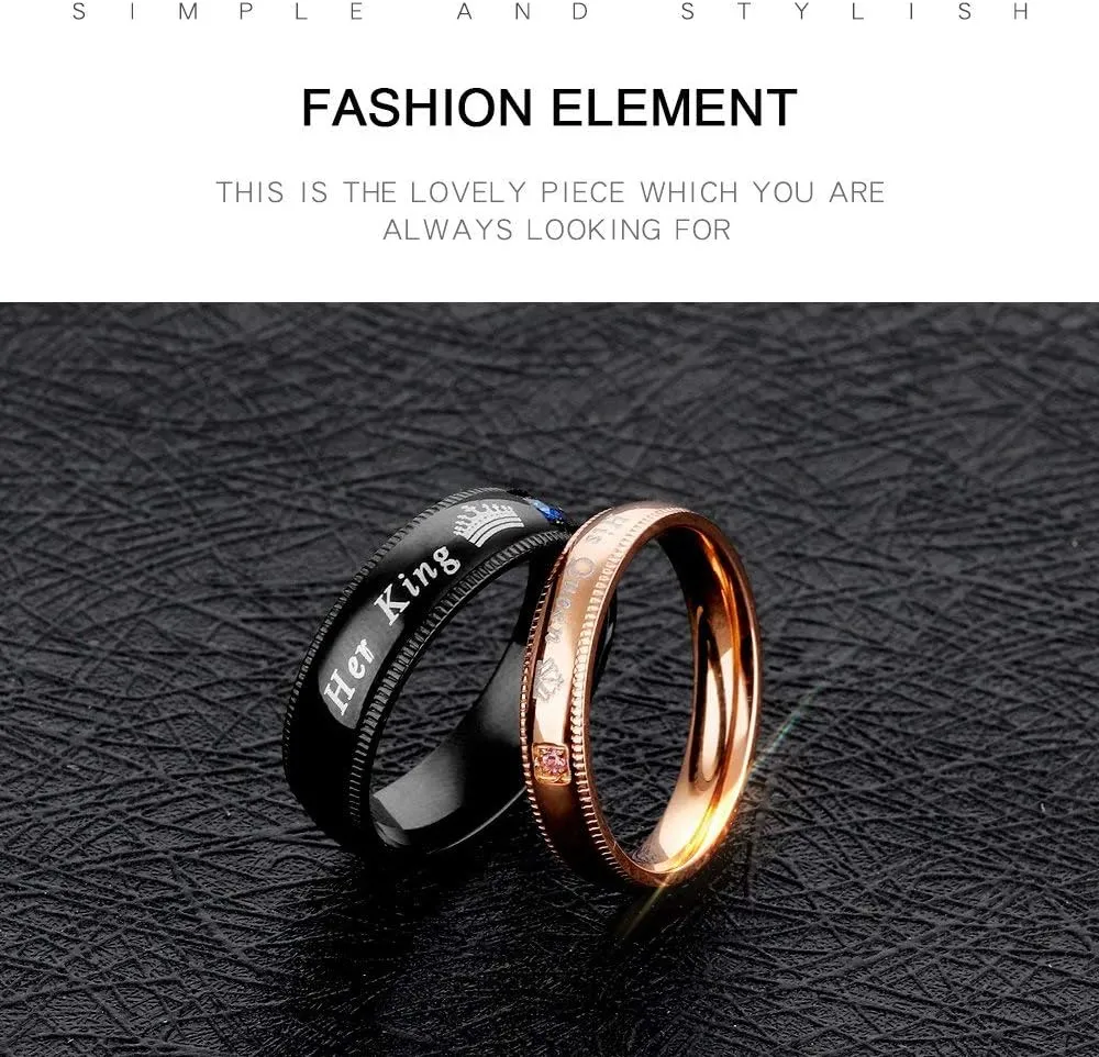2pcs Matching Set Couple Rings His Queen and Her King Stainless Steel Promise Rings Engagement Band Valentine's Day Couples Gifts