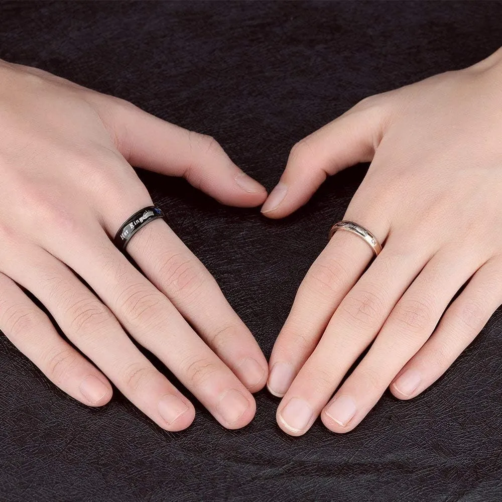 2pcs Matching Set Couple Rings His Queen and Her King Stainless Steel Promise Rings Engagement Band Valentine's Day Couples Gifts