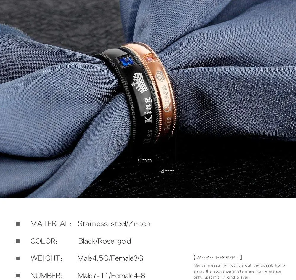 2pcs Matching Set Couple Rings His Queen and Her King Stainless Steel Promise Rings Engagement Band Valentine's Day Couples Gifts