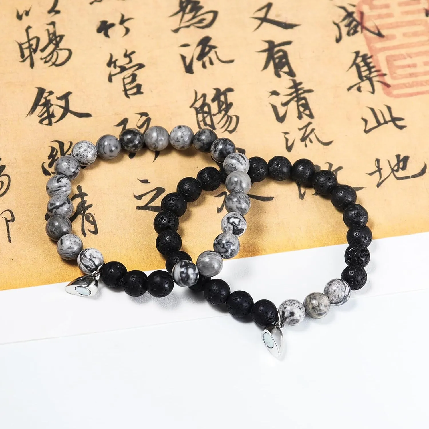 2Pcs Matte Lava Rock Volcanic Stone Beads Stretch Bracelet Stacking Essential Oil Diffuser Tiger Eye Seed Energy Yoga Bracelet for Men Women Couple Stress Relief Healing Aromatherapy Jewelry